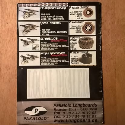 Katalog-Rückseite mit dem Achsen- und Rollenprogramm — und der Adresse: Rostocker Str. 31, Berlin, www.Longboard.de