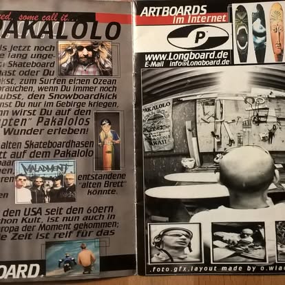 Katalogseite „Artboards im Internet“ mit Werkstatt-Foto und www.Longboard.de